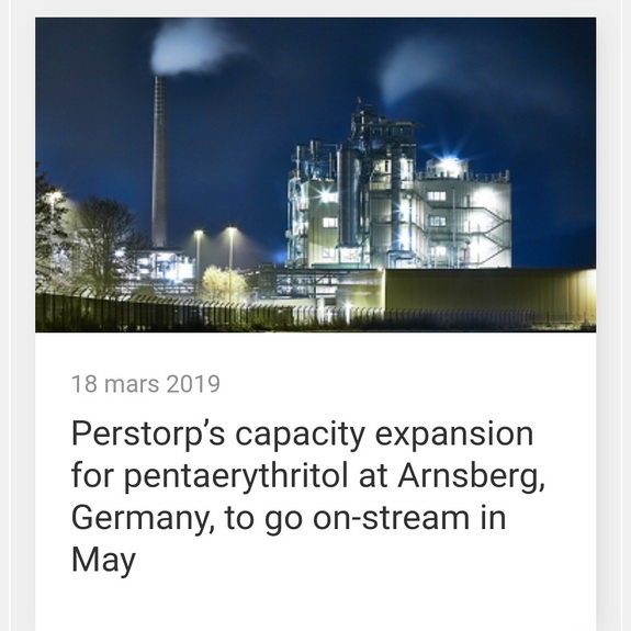 Perstorps capacity expansion for pentaerythritol at Arnsberg, Germany, to go on-stream in May, by chemwinfo